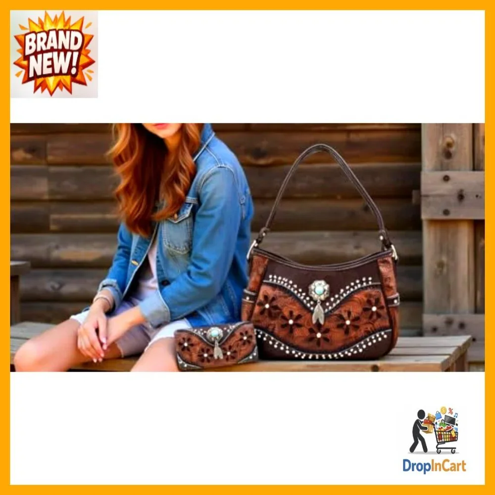 Tooled Leather Floral Hobo Shoulder Bag With Wallet Set Western Cowgirl_2